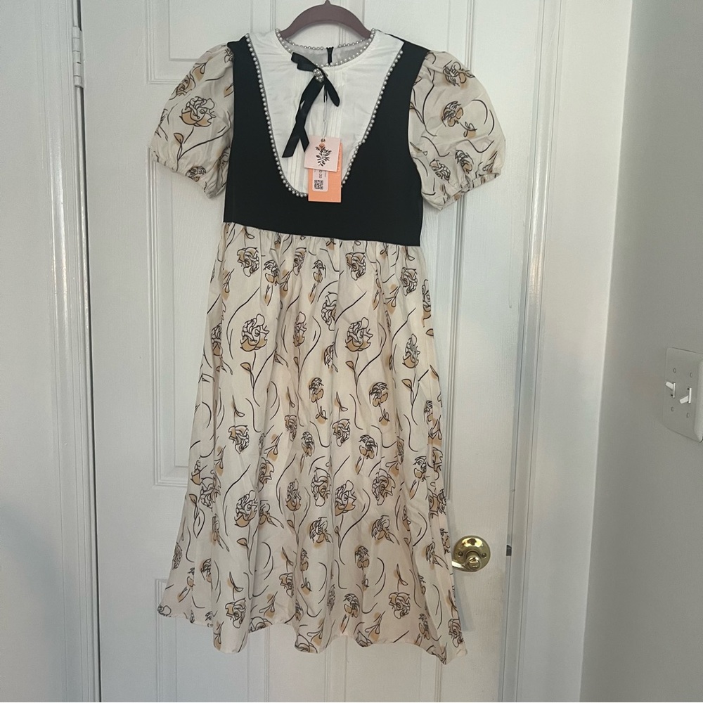 Vintage Style Puff Sleeve Feminine Apricot Pearl Collar Print Dress